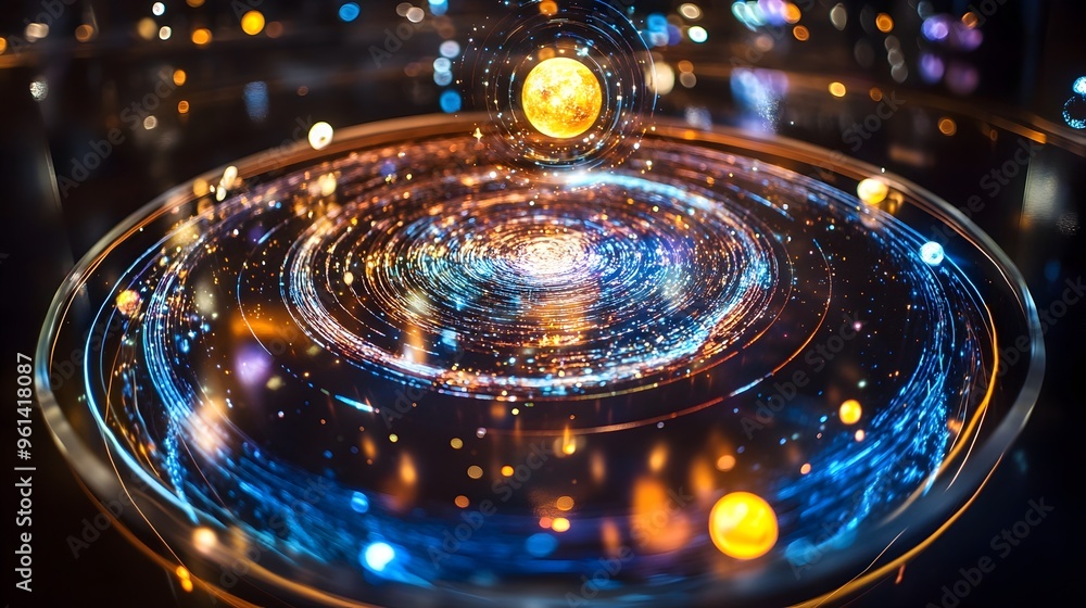Poster holographic visualization of a gravitational physics model depicting the motion and dynamics of cele