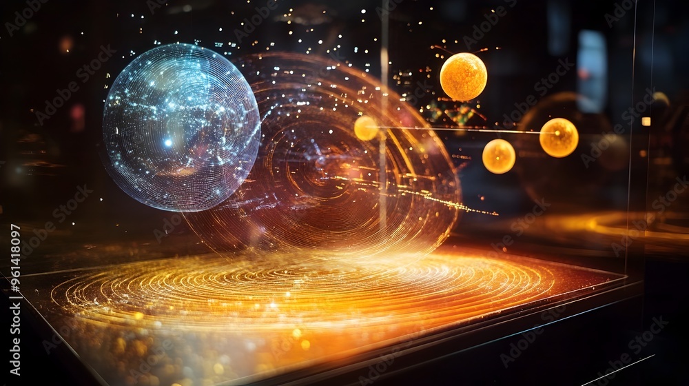Poster holographic visualization depicting the motion and interactions of celestial bodies within a sophist