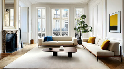 Fototapeta premium Modern living room with natural light, minimalist furniture, and decorative plants.