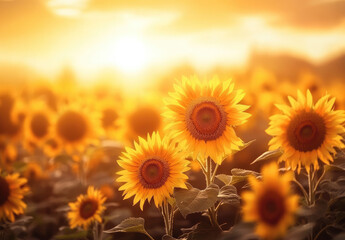 Obraz premium A field of sunflowers basking in the golden glow as they bloom under a beautiful sunset sky. Created with Ai