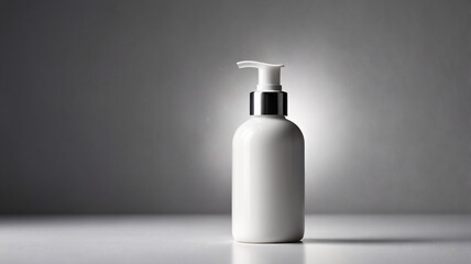A single sleek, white bottle with a pump dispenser situated on a minimalist gray background highlighting its simplicity and elegance.