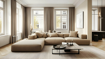 Modern living room with neutral tones and natural light.