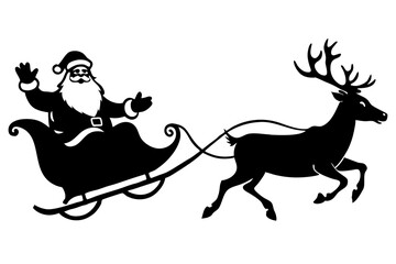 Santa Claus flies in a sleigh with reindeer over the city. Christmas silhouette. Template for laser or paper cutting, printing on T-shirts, mugs. Vector illustration.