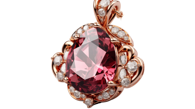 beautiful red ruby with diamond pendant necklace, studio view, isolated on transparent background.