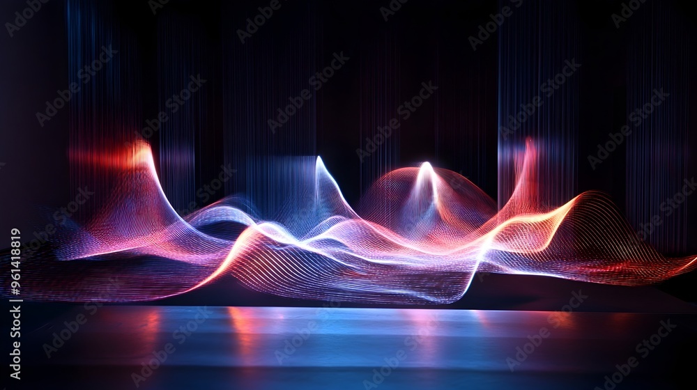 Poster hypnotic holographic visualization showcasing the dynamic formation of standing waves along a vibrat