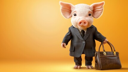 Fototapeta premium Business Pig on Yellow Background Anthropomorphic Portrait, Financial Concept, Investment, Savings