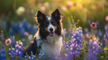  A black-and-white dog sits in a field of purple and pink flowers, with the sun casting golden rays behind