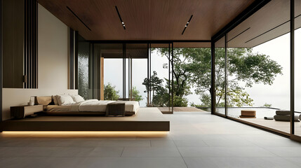 Modern minimalist bedroom with large windows overlooking nature.