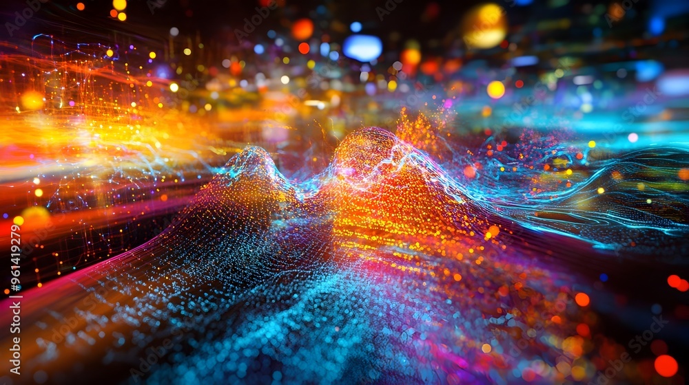 Poster a futuristic hologram display showcasing a detailed simulation of the dynamic interactions between c