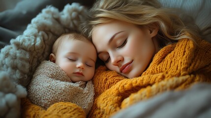Mother and baby peacefully sleeping together, wrapped in a cozy blanket