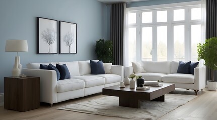 Modern Living Room with White Sofas and a Dark Wood Coffee Table