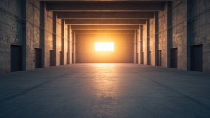 A spacious industrial interior with concrete walls and a bright light shining through an opening, creating a dramatic atmosphere.