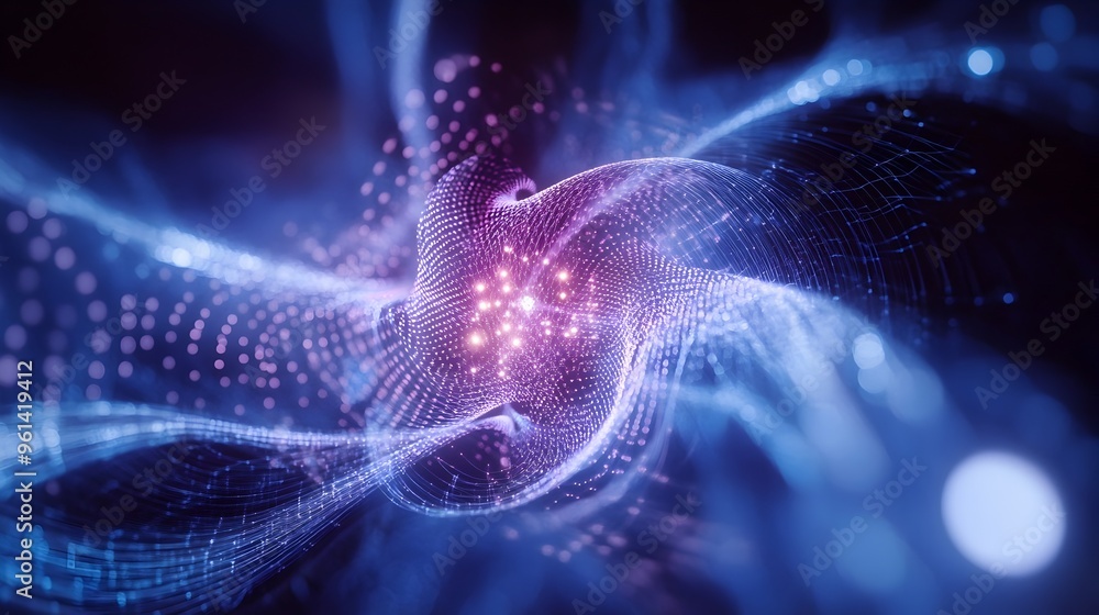 Poster holographic visualization showcasing the simulation of the dynamic interaction between charged parti