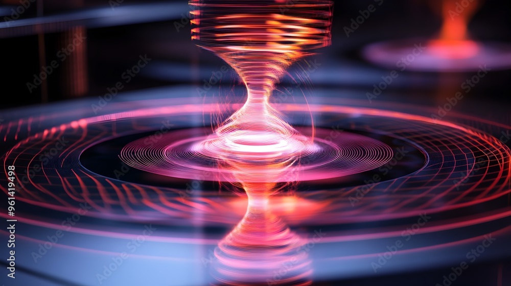 Poster holographic visualization showcasing the doppler effect with moving sound sources in a physics simul