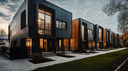 Obraz premium Modern residential buildings with sleek designs and landscaped surroundings.