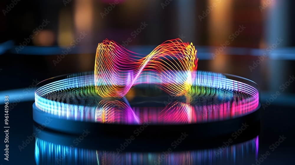 Poster Holographic display showcasing the Doppler effect with simulated sound sources moving relative to an observer creating a dynamic visualization of the physics principles underlying this phenomenon
