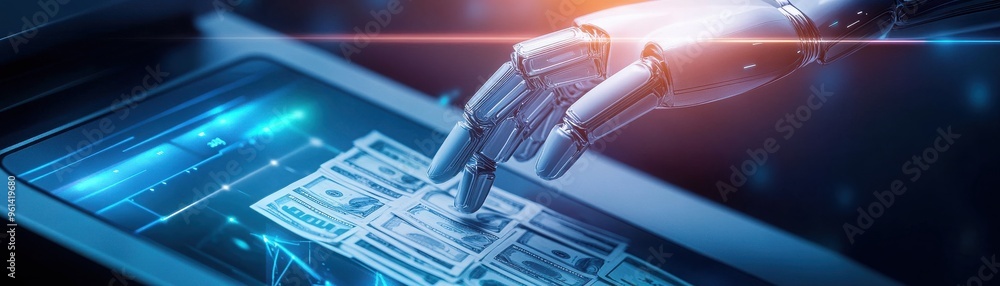 Poster a robotic hand interacting with futuristic touchscreen technology, illustrating the intersection of 