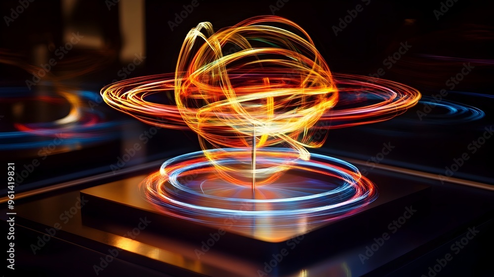 Poster Holographic simulation depicting the conservation of angular momentum in a rotating system showcasing the principles of physics and fluid dynamics through a captivating digital display