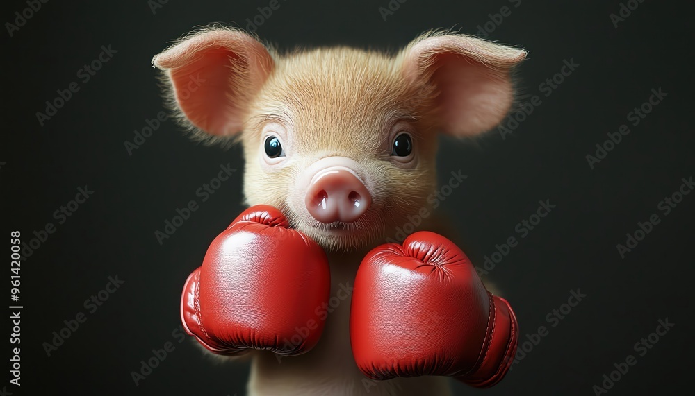 Wall mural Piglet with red boxing gloves, looking determined against a neutral background