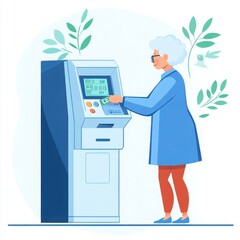 Elderly woman using ATM machine, financial transaction, senior banking, modern technology, secure, safe withdrawals, vector illustration