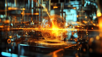 Holographic visualization showcasing the intricate process of nuclear fission during a physics experiment  The glowing