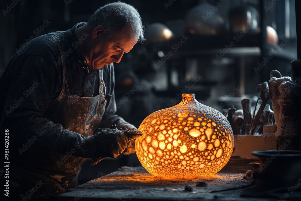 Poster A skilled artisan meticulously carves a glowing sphere with intricate patterns in a dimly lit workshop, showcasing craftsmanship, precision, and the artistic process.