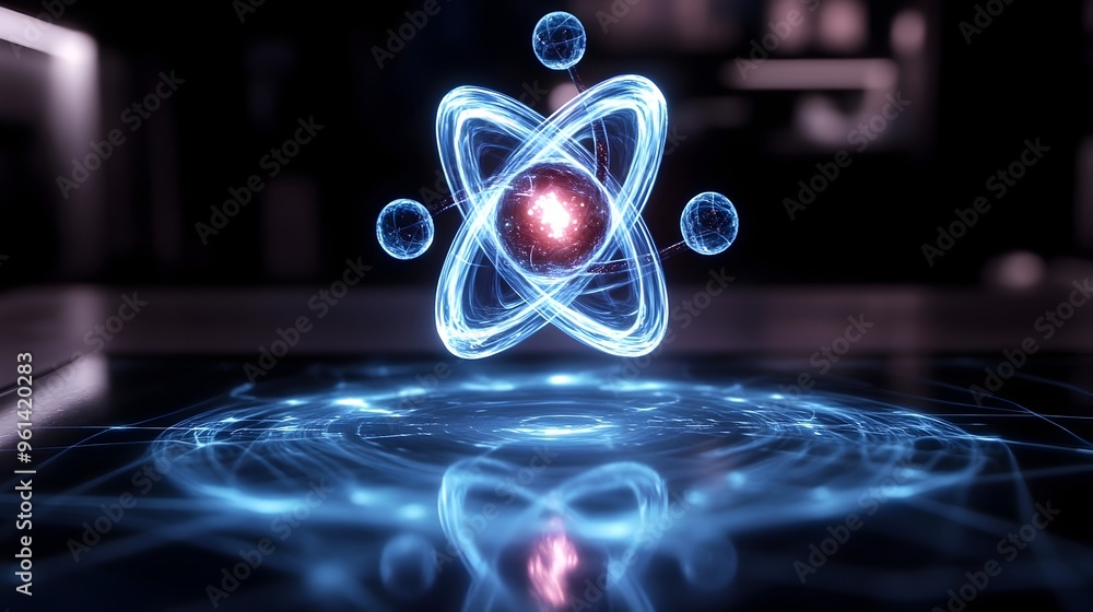 Poster holographic 3d model of an atom displaying the orbiting electrons around the nucleus showcasing the 