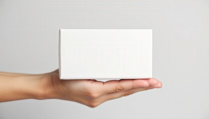 Obraz premium Hand holding a plain white product box, isolated on a clean pastel background