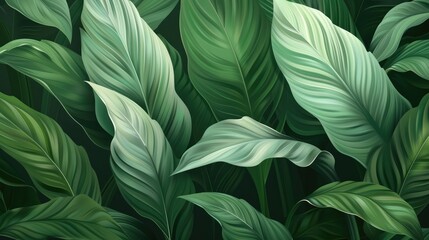 Fototapeta premium Tropical leaf background with green textured Spathiphyllum cannifolium foliage.