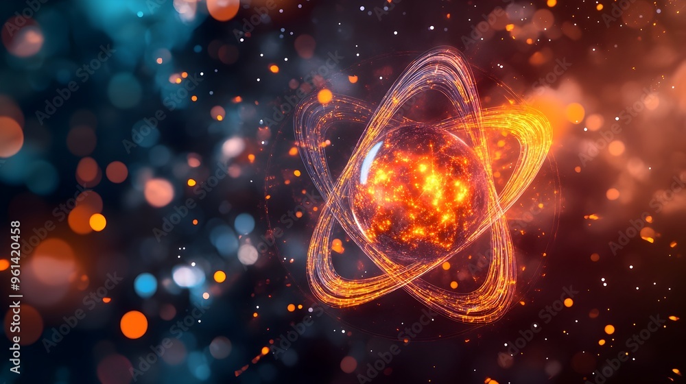 Poster holographic visualization showcasing the electron cloud model depicting the complex quantum mechanic