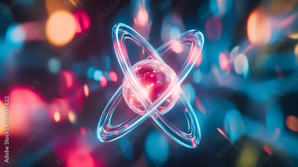 Poster holographic visualization showcasing the complex energy levels and electron transitions within an at