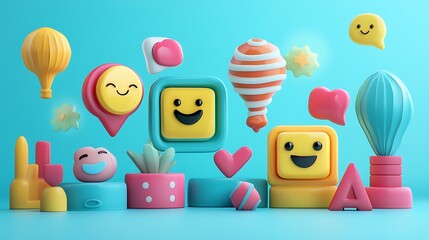 Obraz premium 3D colorful emoji icons float with balloons and hearts on a blue background, playful and cheerful.
