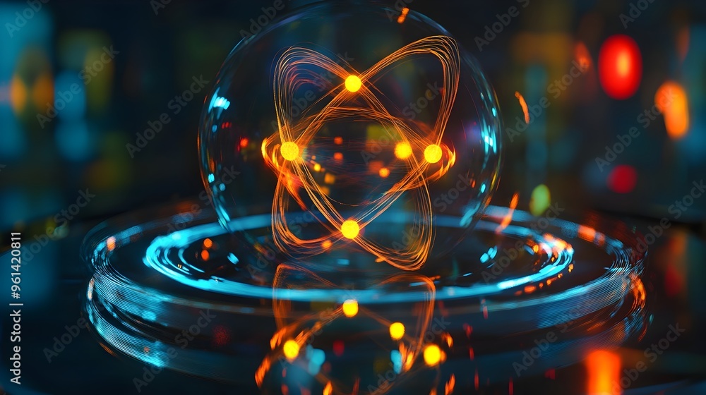 Poster holographic projection displaying the bohr model of an atom with defined electron orbits illustratin