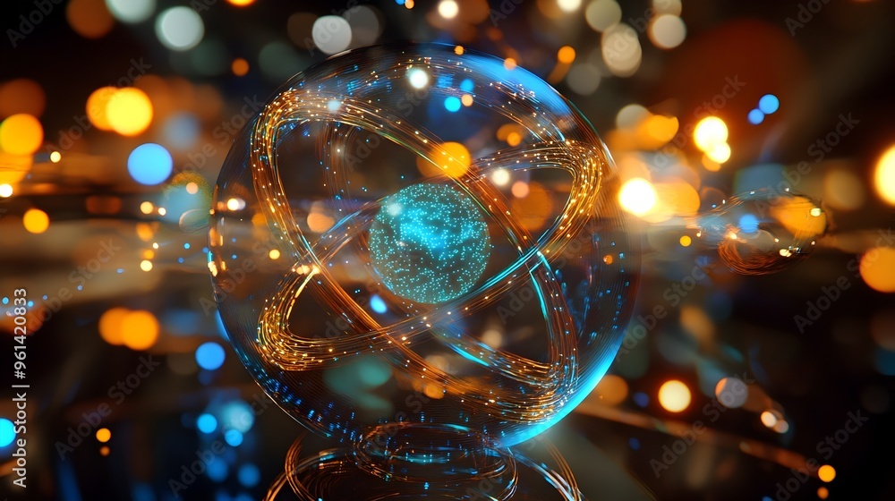 Poster holographic visualization of the bohr model of an atom showcasing the defined electron orbits and th