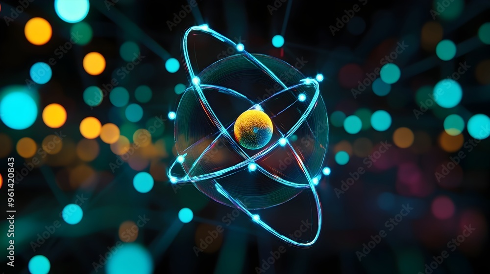 Poster holographic visualization of bohr s atomic model depicting the defined electron orbits and subatomic