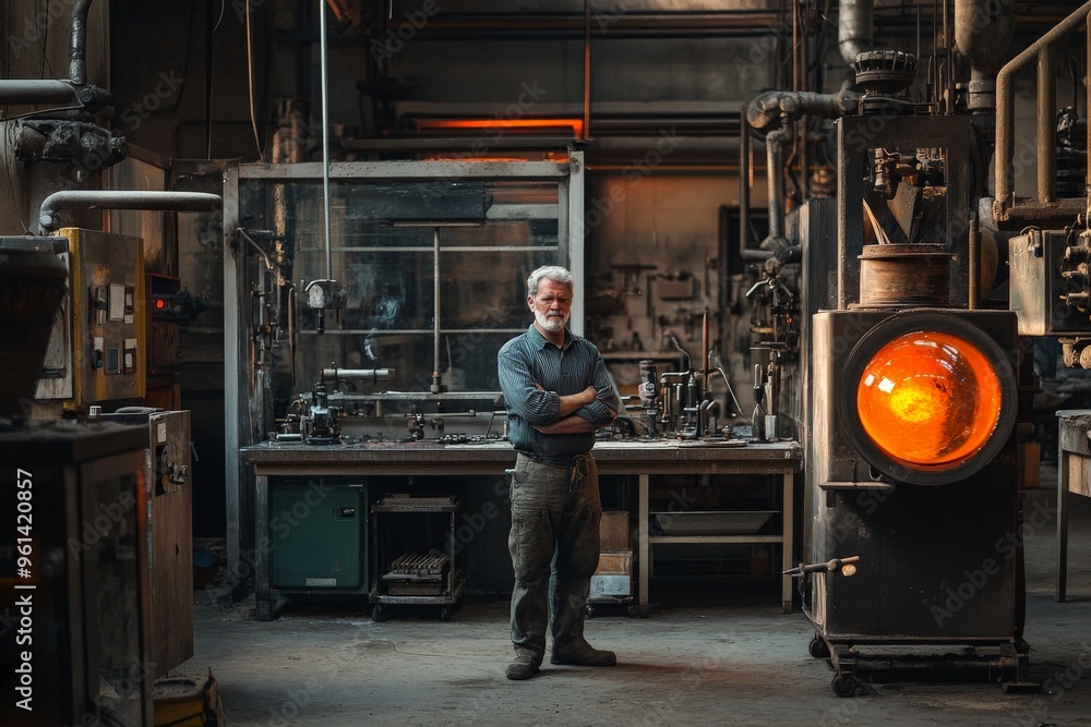 Poster a man stands confidently with arms crossed in an industrial workshop, with a glowing furnace in the 