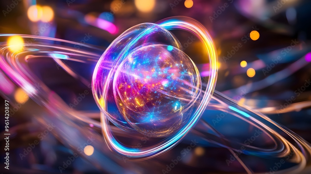 Poster holographic visualization of the bohr model of an atom showcasing the defined electron orbits and th