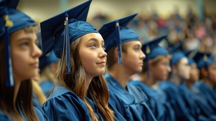 A detailed view of a school graduation ceremony, with students in caps and gowns and a clean background for graduation messages