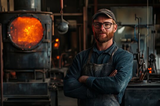 A spectacled man stands confidently with his arms crossed in front of a glowing furnace, showcasing an industrial workshop environment.