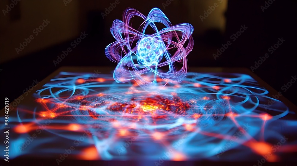 Poster holographic display showcasing a simulation of atomic interactions and molecular bonding highlightin