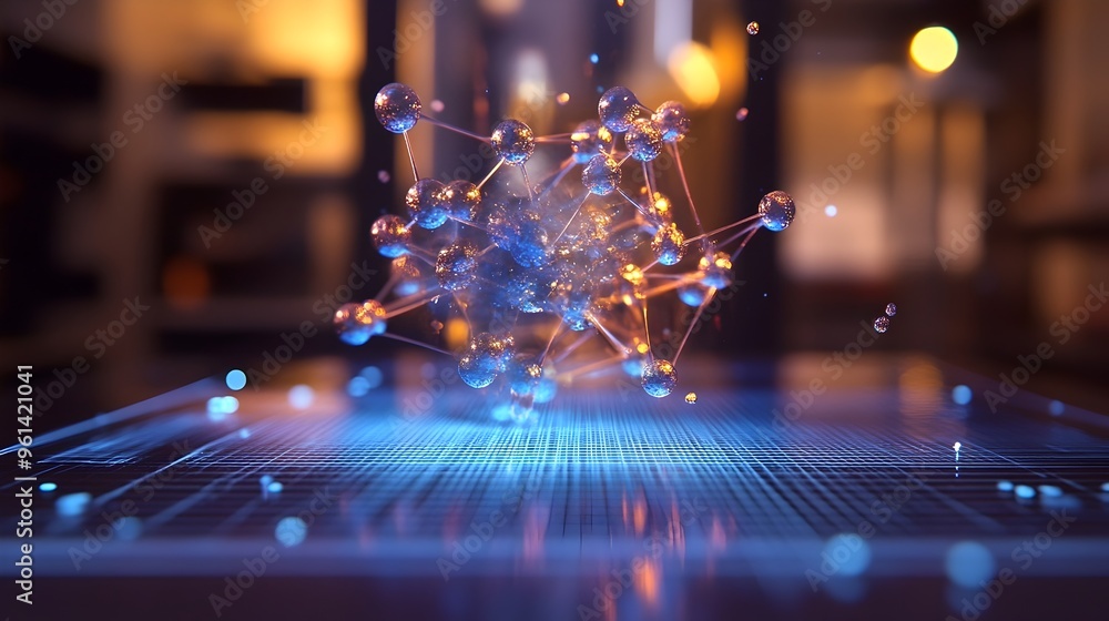 Poster a digital hologram displaying a simulation of atomic interactions molecular bonding and the intricat