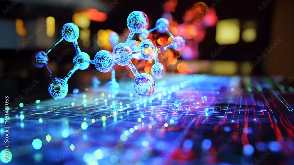Poster holographic simulation showcasing the complex interactions and bonding dynamics between atoms offeri