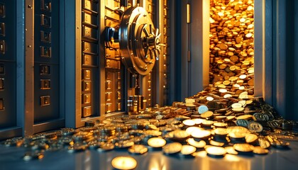 Wealth cascading from an open bank vault, symbolizing abundance and financial prosperity in the realm of Generative AI
