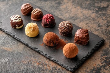 A collection of rich chocolate truffles in various flavors, dusted with cocoa powder and displayed on a rustic slate board
