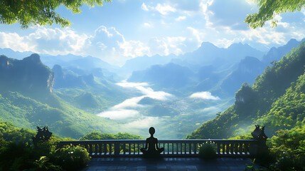 A person meditating on a balcony with a stunning view of mountains and greenery 