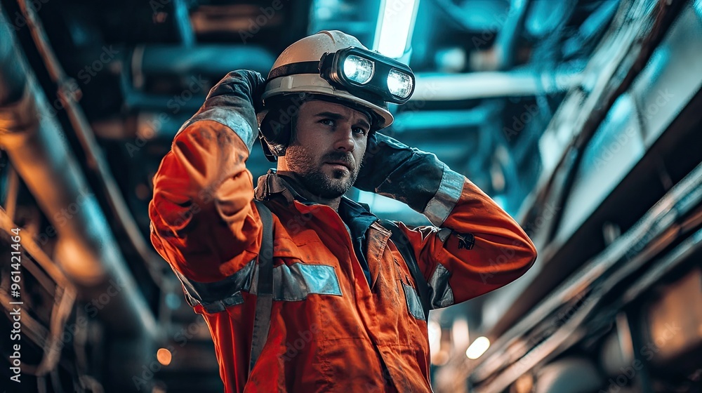 Wall mural A worker in an orange uniform adjusts his helmet in a dimly lit industrial setting.