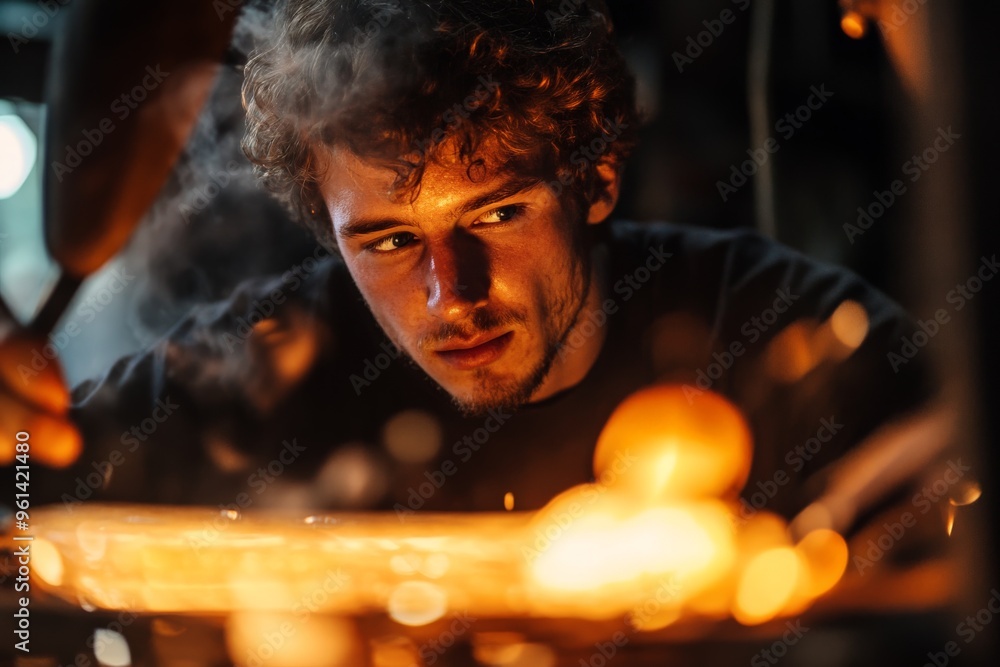 Poster an artisan is carefully shaping a piece of hot glass using fire and tools, surrounded by a warm glow