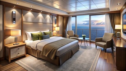 A luxurious, sleek, and modern camarote cruise ship cabin features a comfortable bed, sofa, and balcony with breathtaking ocean views, warm lighting, and elegant decor.