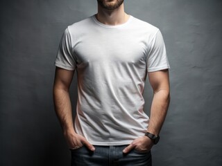 Man wearing a blank white t-shirt designed for customization, ideal for showcasing your logo or design on a