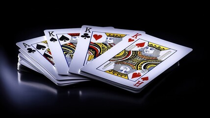 A stunning display of playing cards featuring Kings and Aces, showcasing vibrant colors against a dark background.